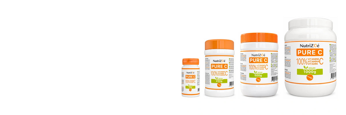 Pots de vitamine C pure en poudre PURE C NutriZoé : 50 g, 250 g, 500 g et 1000 g