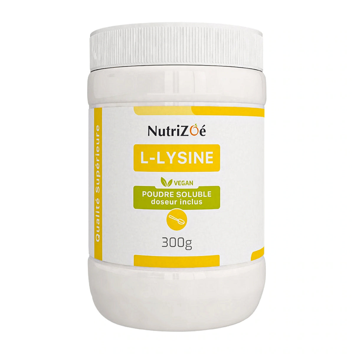 NutriZoé L-lysine powder, 300 g jar on a white background.
