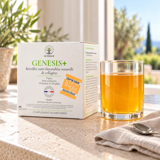 GENESIS+ NutriZoé : boîte et verre de boisson dorée sur une table lumineuse, devant une terrasse.