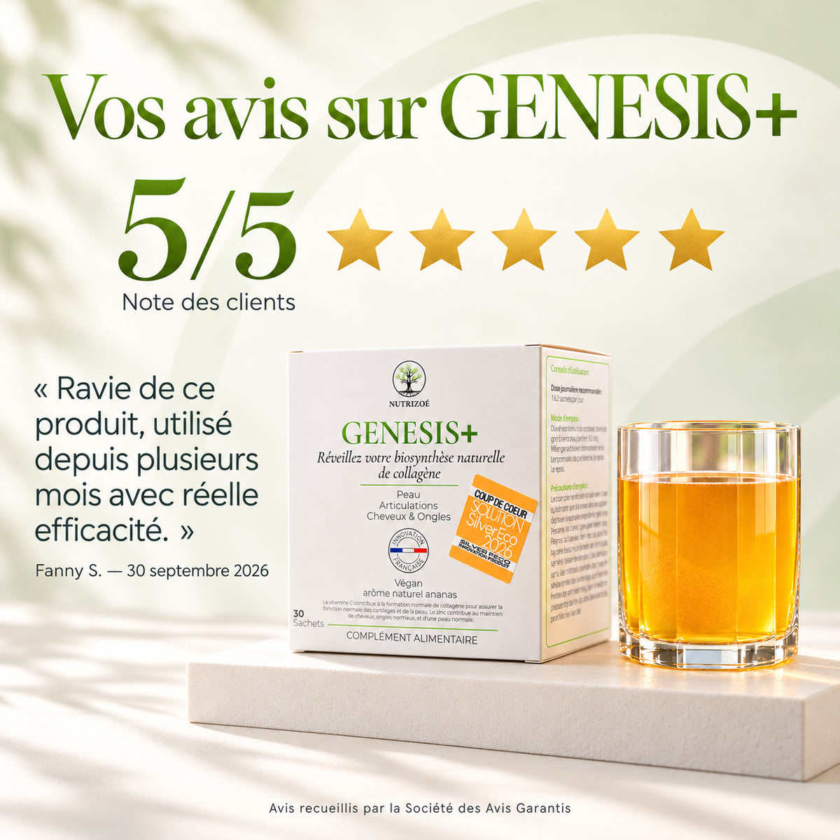 GENESIS+: customer rating of 5/5 and five stars. Review by Fanny S., published on 30 September 2026, collected by Société des Avis Garantis. Box and glass of golden drink.