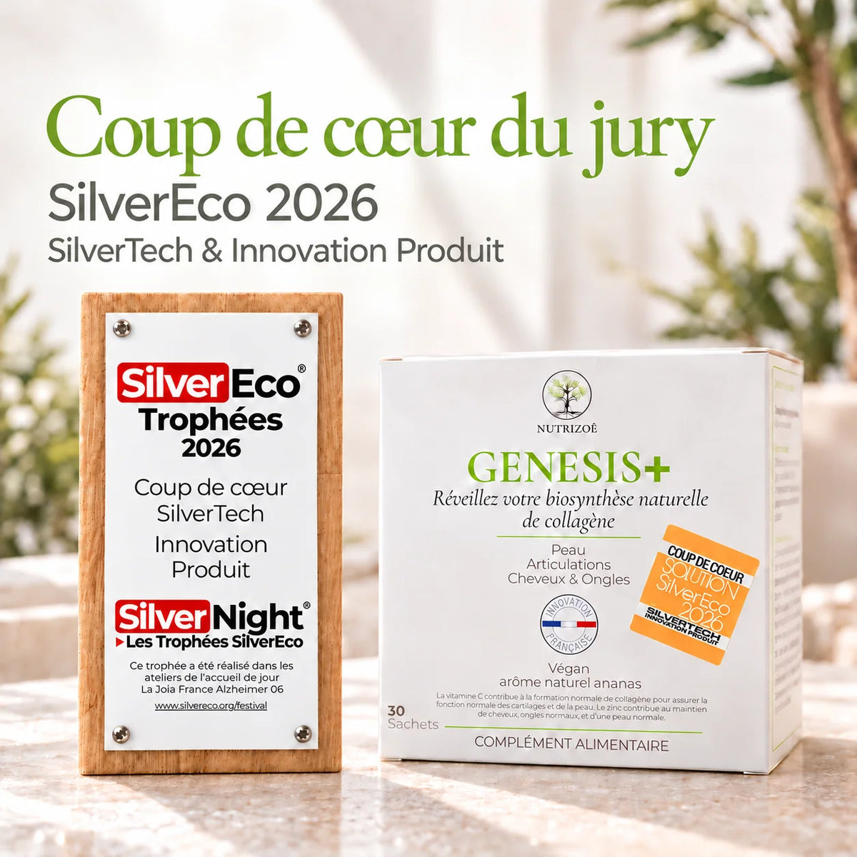 SilverEco 2026 Favourite award, SilverTech and Product Innovation, next to the GENESIS+ box.