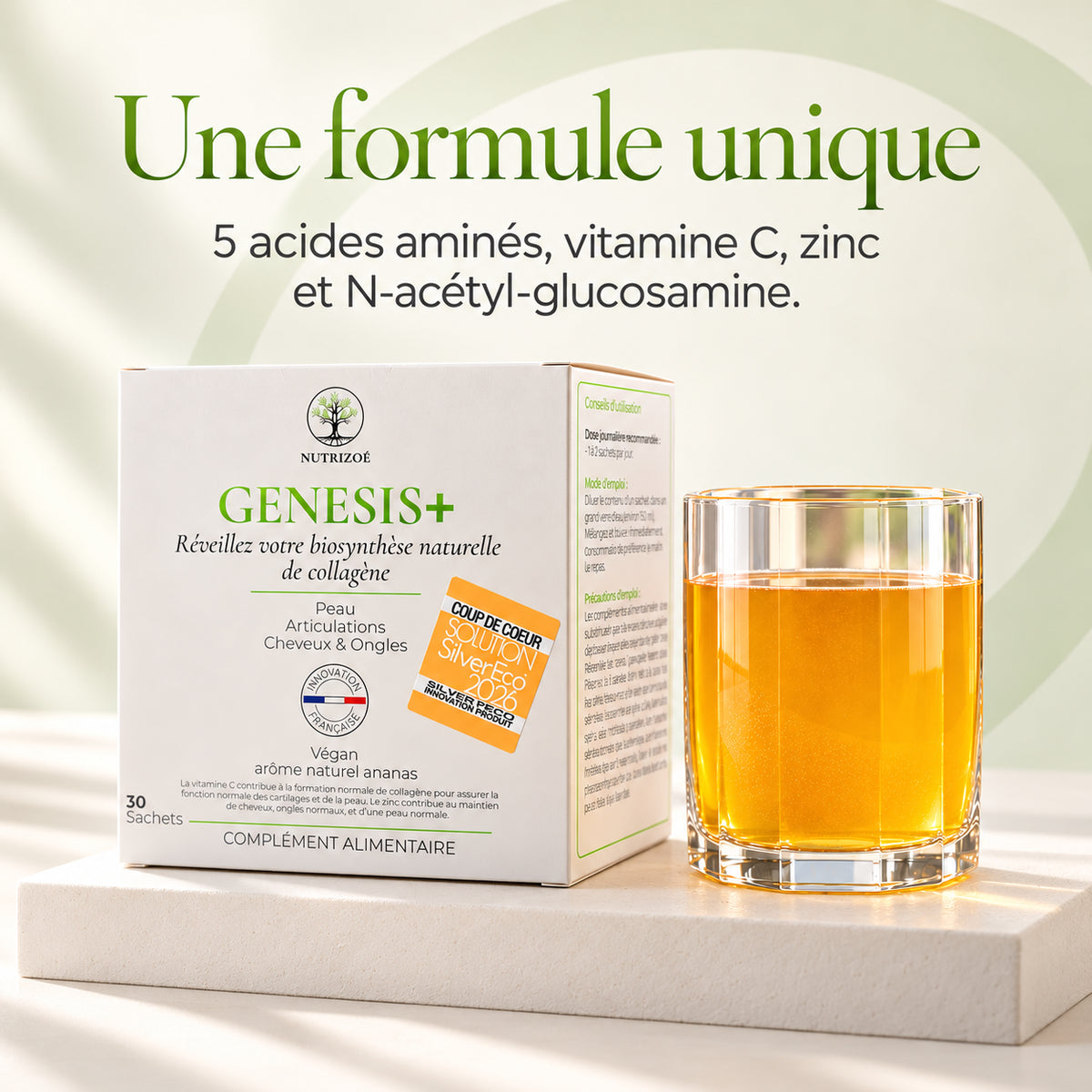 GENESIS+: a unique formula with five amino acids, vitamin C, zinc and N-acetylglucosamine.