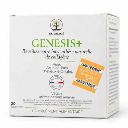 Box of 30 GENESIS+ sachets by NutriZoé on a white background, front and three-quarter view.
