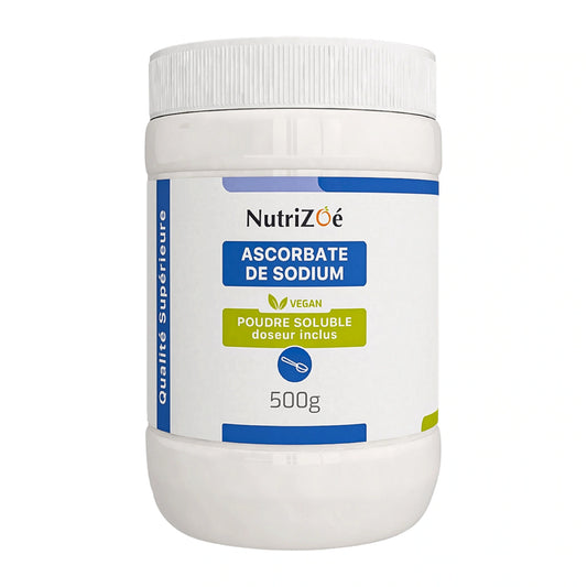 Ascorbate de sodium en poudre NutriZoé, pot de 500 g sur fond blanc.
