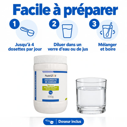 NutriZoé sodium ascorbate powder. Directions for use and dosage advice.