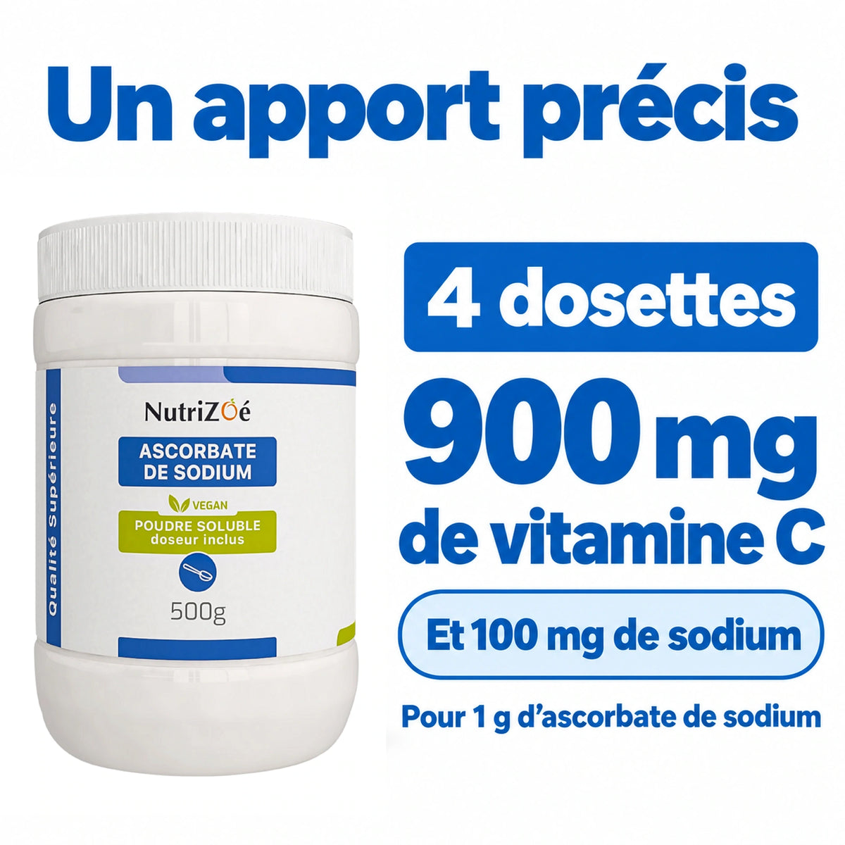 NutriZoé sodium ascorbate powder. Amount provided by the daily dose.