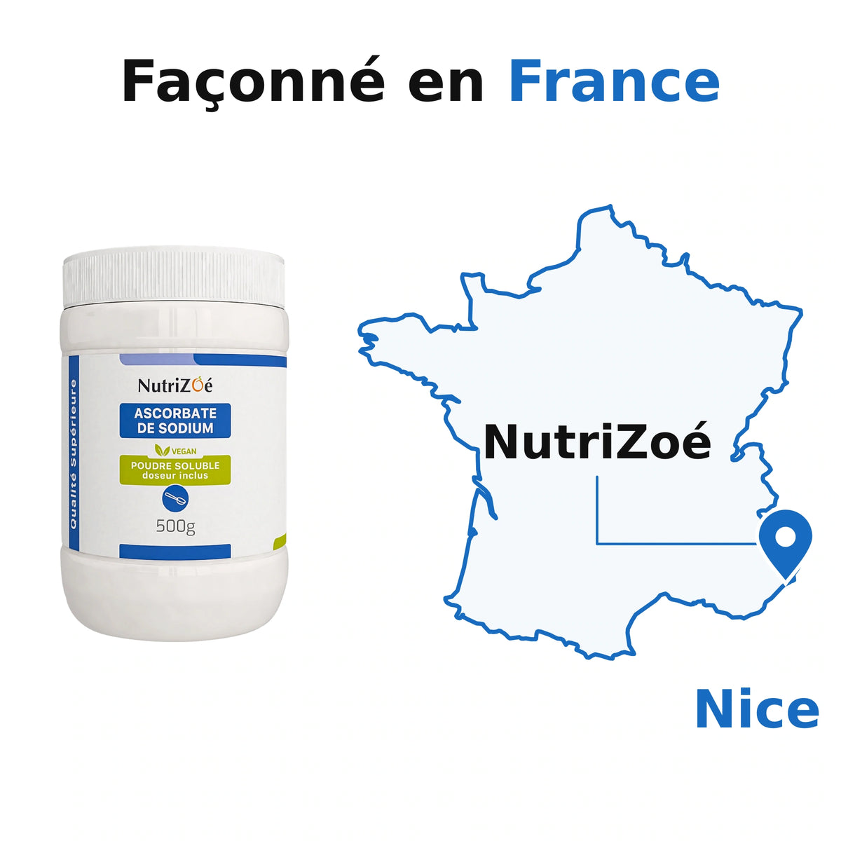 NutriZoé sodium ascorbate powder. NutriZoé in Nice, on a map of mainland France. Packed in France.