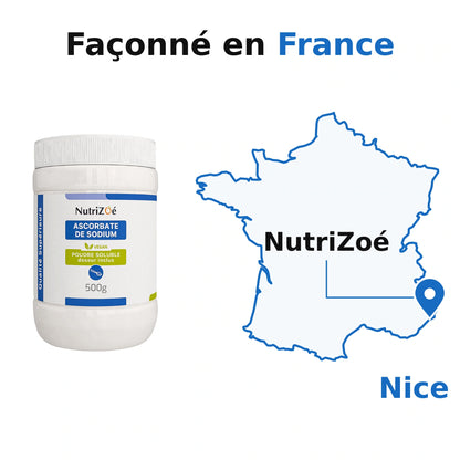 NutriZoé sodium ascorbate powder. NutriZoé in Nice, on a map of mainland France. Packed in France.