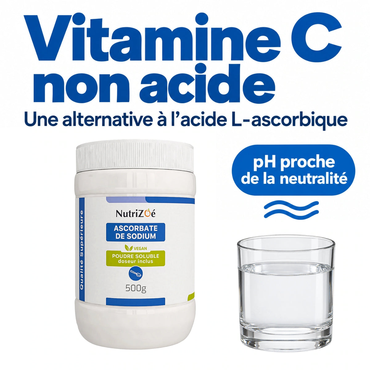 NutriZoé sodium ascorbate powder. Non-acidic sodium ascorbate with a near-neutral pH.