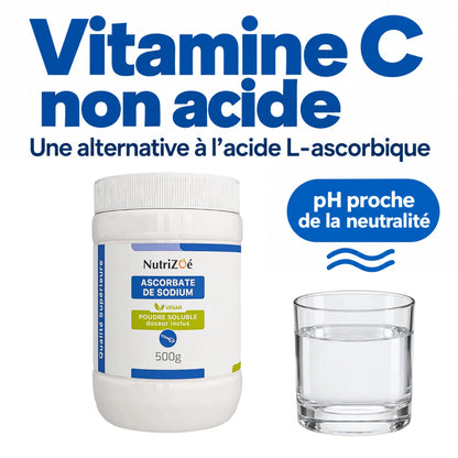 NutriZoé sodium ascorbate powder. Non-acidic sodium ascorbate with a near-neutral pH.