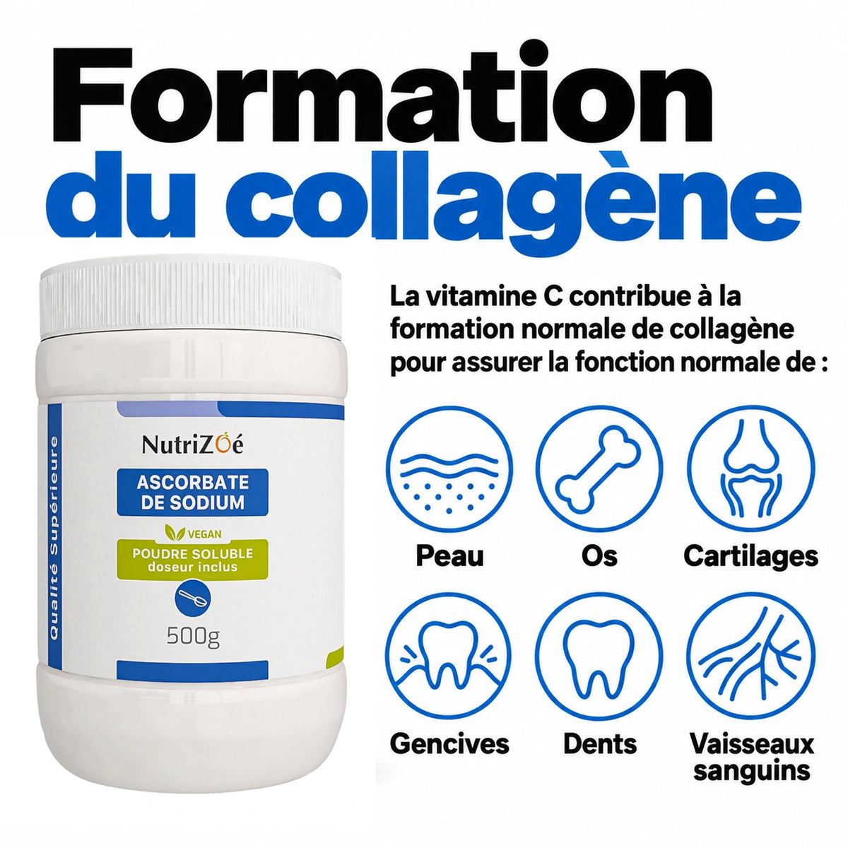 NutriZoé sodium ascorbate powder. Vitamin C contributes to normal collagen formation for the normal function of skin, bones, cartilage, gums, teeth and blood vessels.