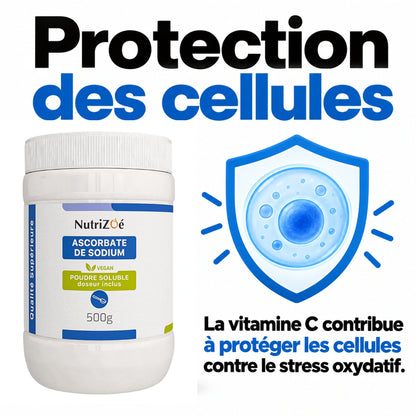 NutriZoé sodium ascorbate powder. Vitamin C contributes to the protection of cells from oxidative stress.