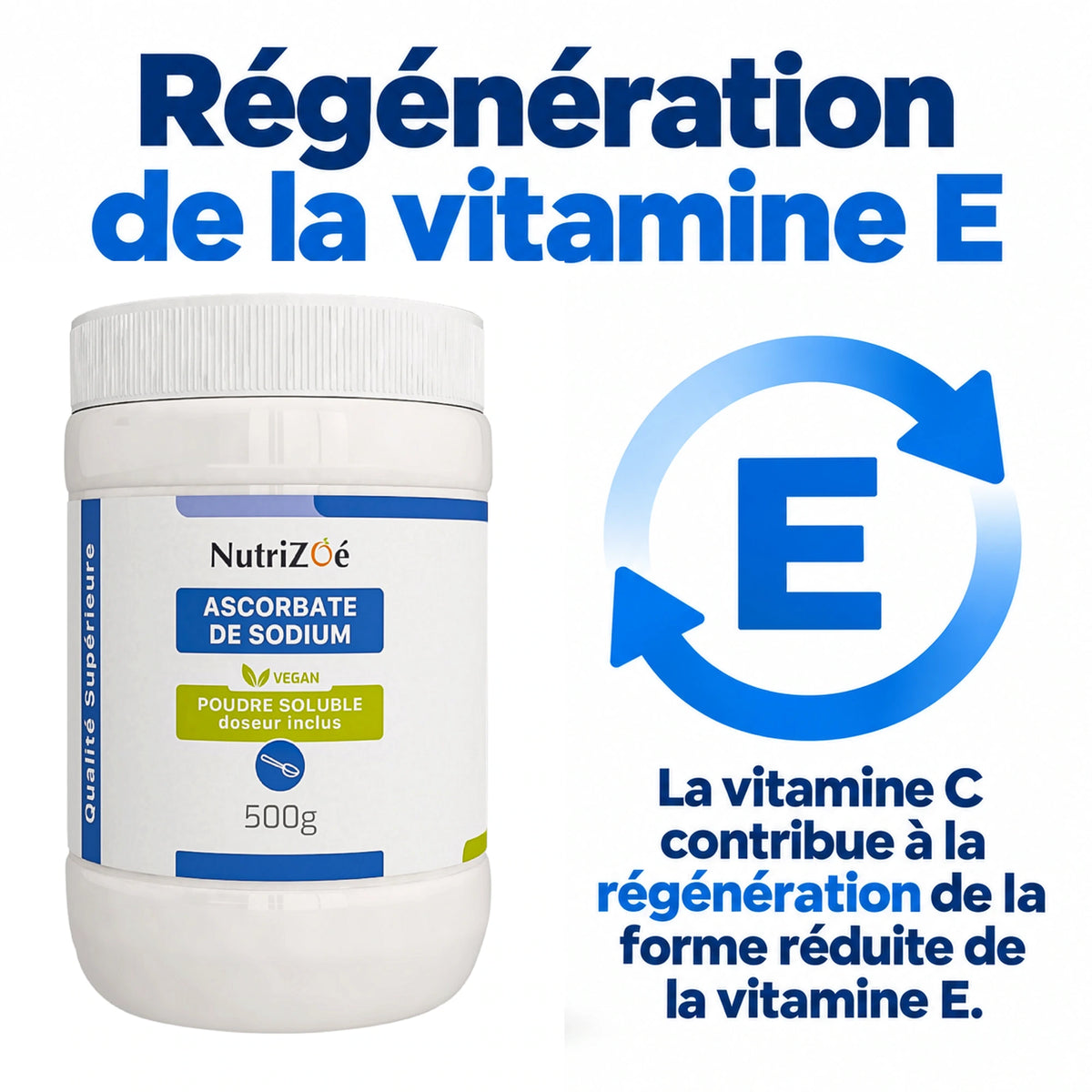 NutriZoé sodium ascorbate powder. Vitamin C contributes to the regeneration of the reduced form of vitamin E.