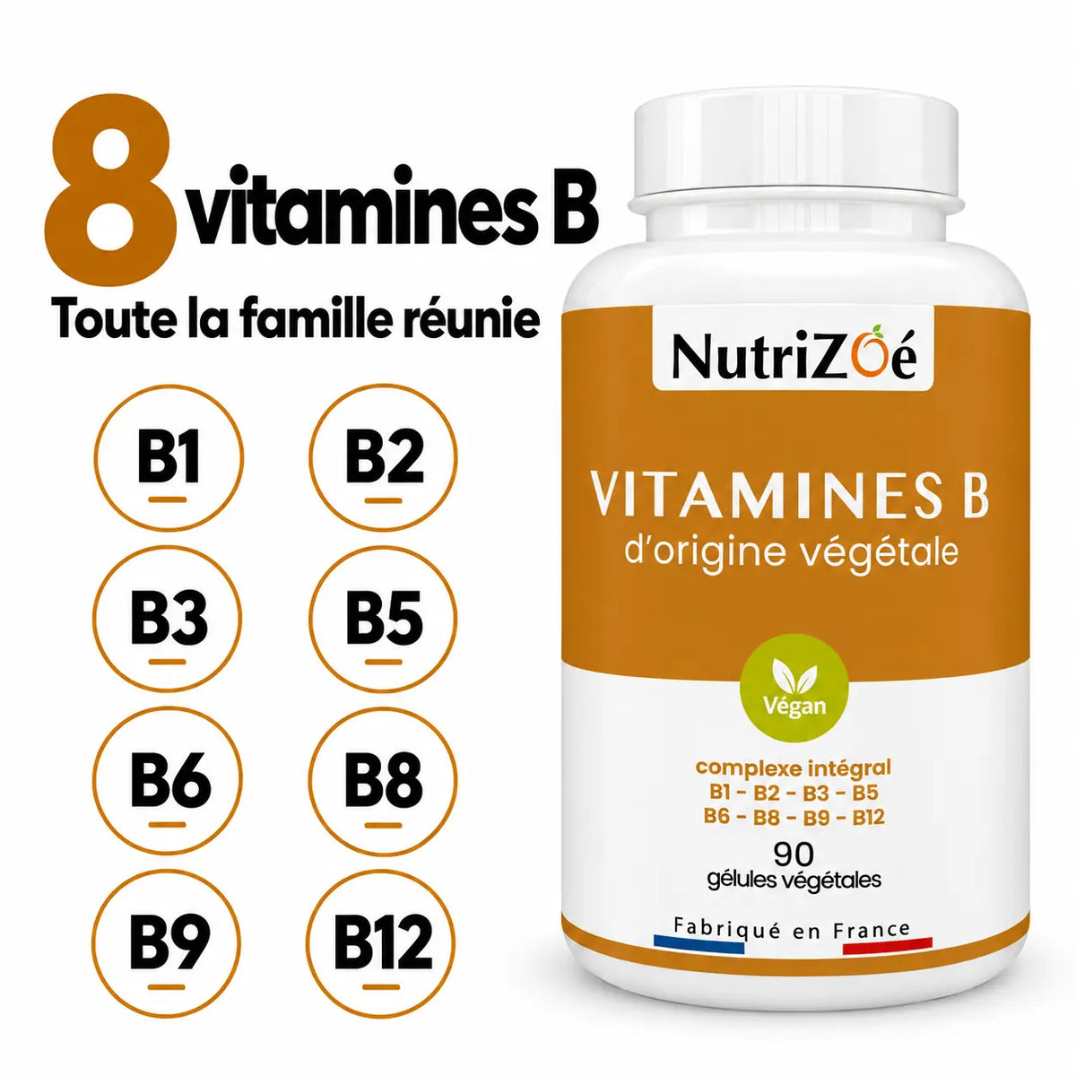 Les 8 vitamines du groupe B réunies : B1, B2, B3, B5, B6, B8, B9 et B12.