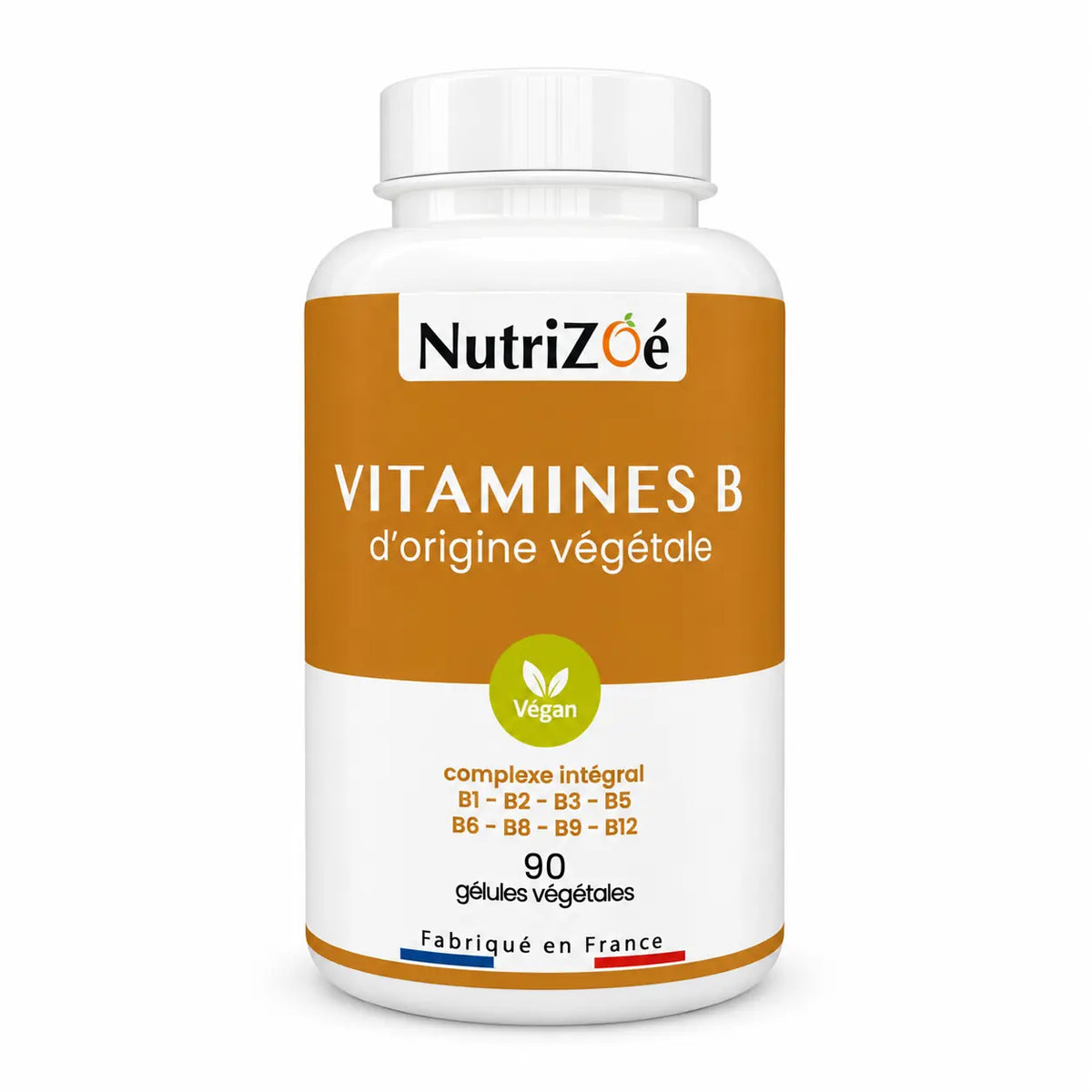 Complexe intégral de vitamines B NutriZoé, flacon de 90 gélules végétales sur fond blanc.