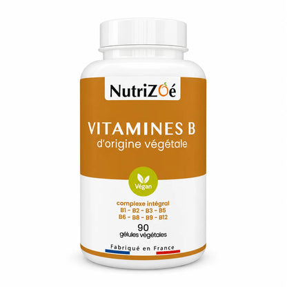 Complexe intégral de vitamines B NutriZoé, flacon de 90 gélules végétales sur fond blanc.