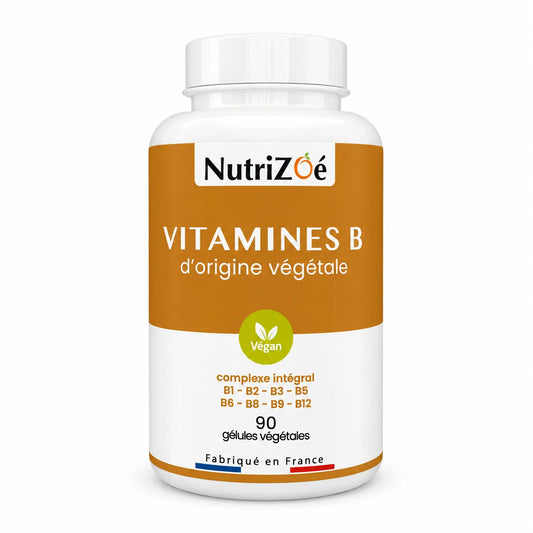 Complexe intégral de vitamines B NutriZoé, flacon de 90 gélules végétales sur fond blanc.