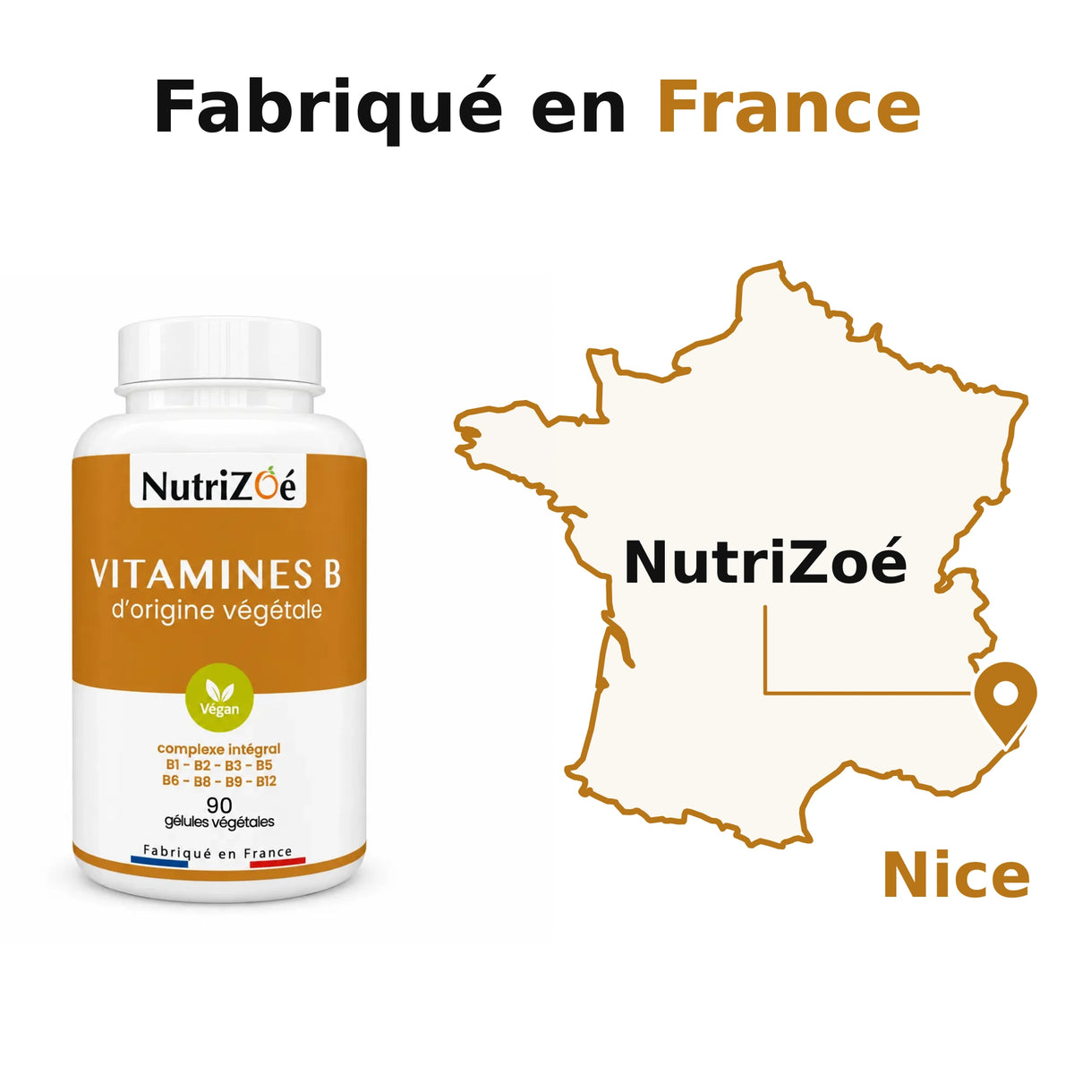 Complexe de vitamines B, fabriqué en France. NutriZoé à Nice, avec une épingle de localisation sur la carte de France continentale.