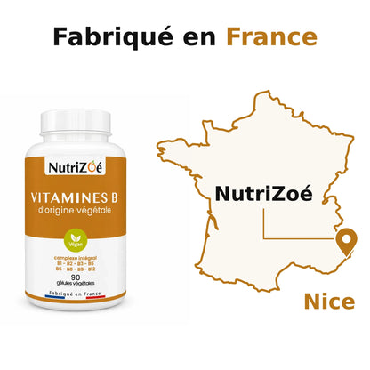 Complexe de vitamines B, fabriqué en France. NutriZoé à Nice, avec une épingle de localisation sur la carte de France continentale.