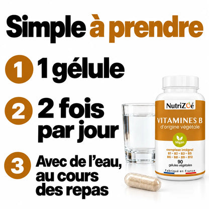 Prendre le complexe B : 1 gélule 2 fois par jour avec de l’eau, au cours des repas.