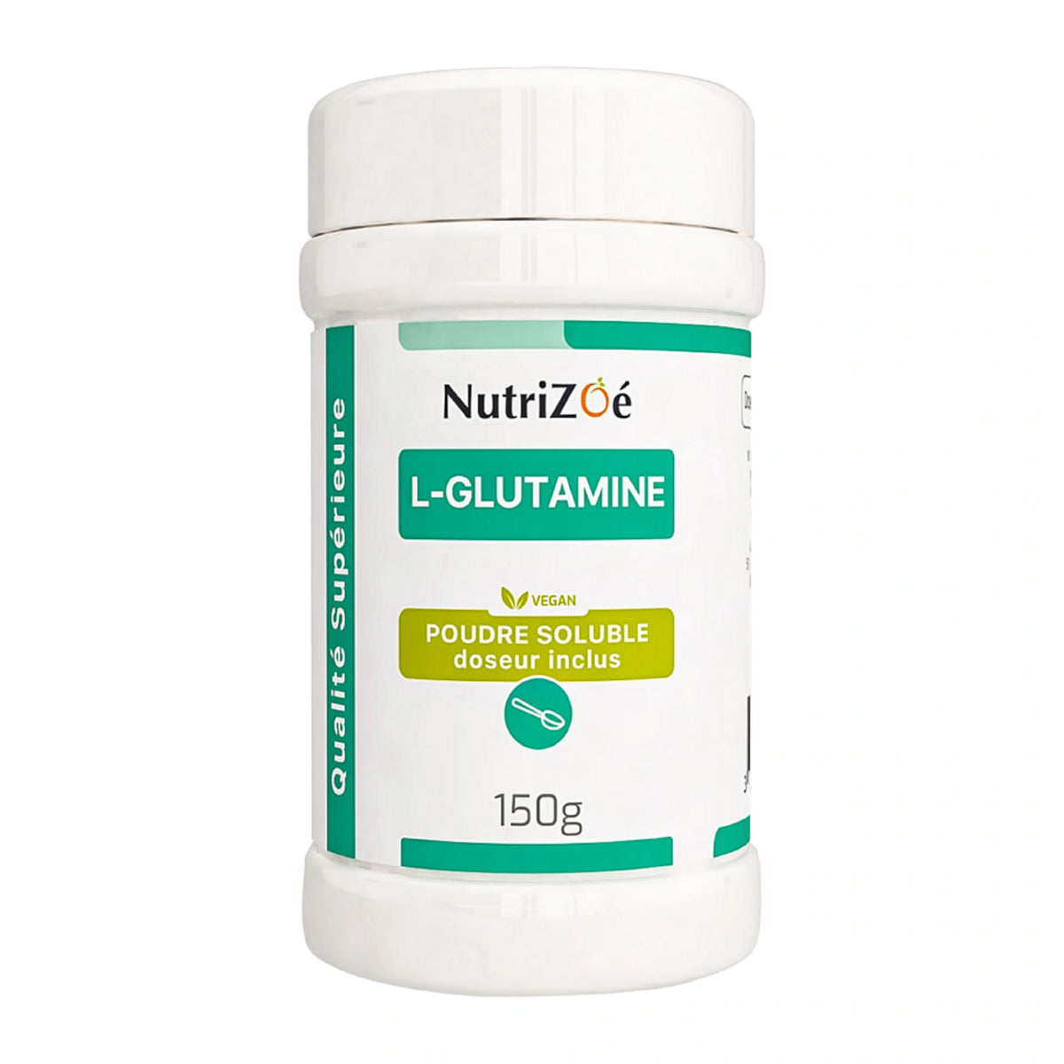 L-glutamine en poudre NutriZoé, pot de 150 g sur fond blanc.
