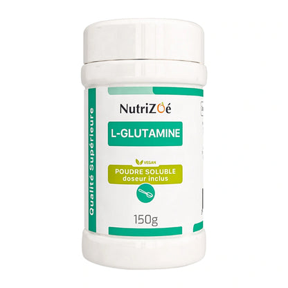 L-glutamine en poudre NutriZoé, pot de 150 g sur fond blanc.