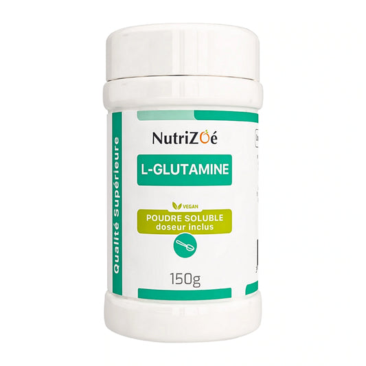 L-glutamine en poudre NutriZoé, pot de 150 g sur fond blanc.