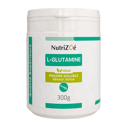 L-glutamine en poudre NutriZoé, pot de 300 g sur fond blanc.