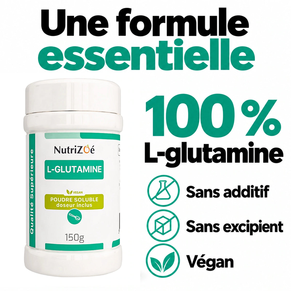 L-glutamine en poudre NutriZoé. Composition et pureté du produit.
