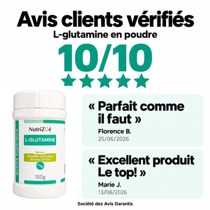 L-glutamine en poudre NutriZoé. Avis clients vérifiés par la Société des Avis Garantis. Note 10/10.