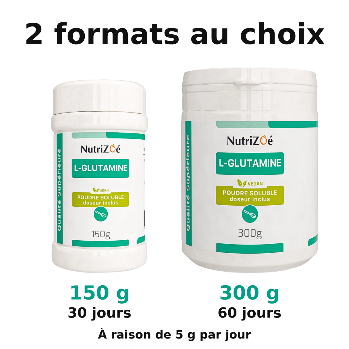 L-glutamine en poudre NutriZoé. Comparaison des formats disponibles.