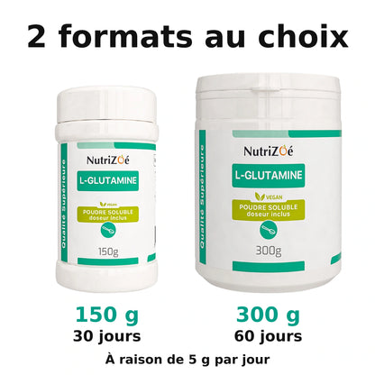 L-glutamine en poudre NutriZoé. Comparaison des formats disponibles.