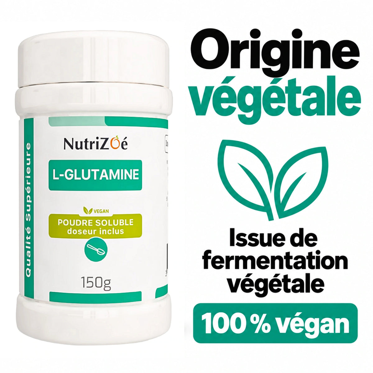 L-glutamine en poudre NutriZoé. Origine végétale et composition végane.