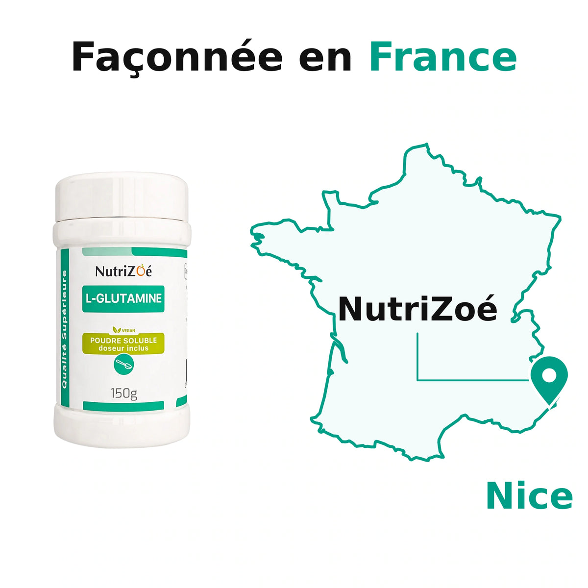 L-glutamine en poudre NutriZoé. NutriZoé à Nice, sur une carte de France continentale. Façonnée en France.
