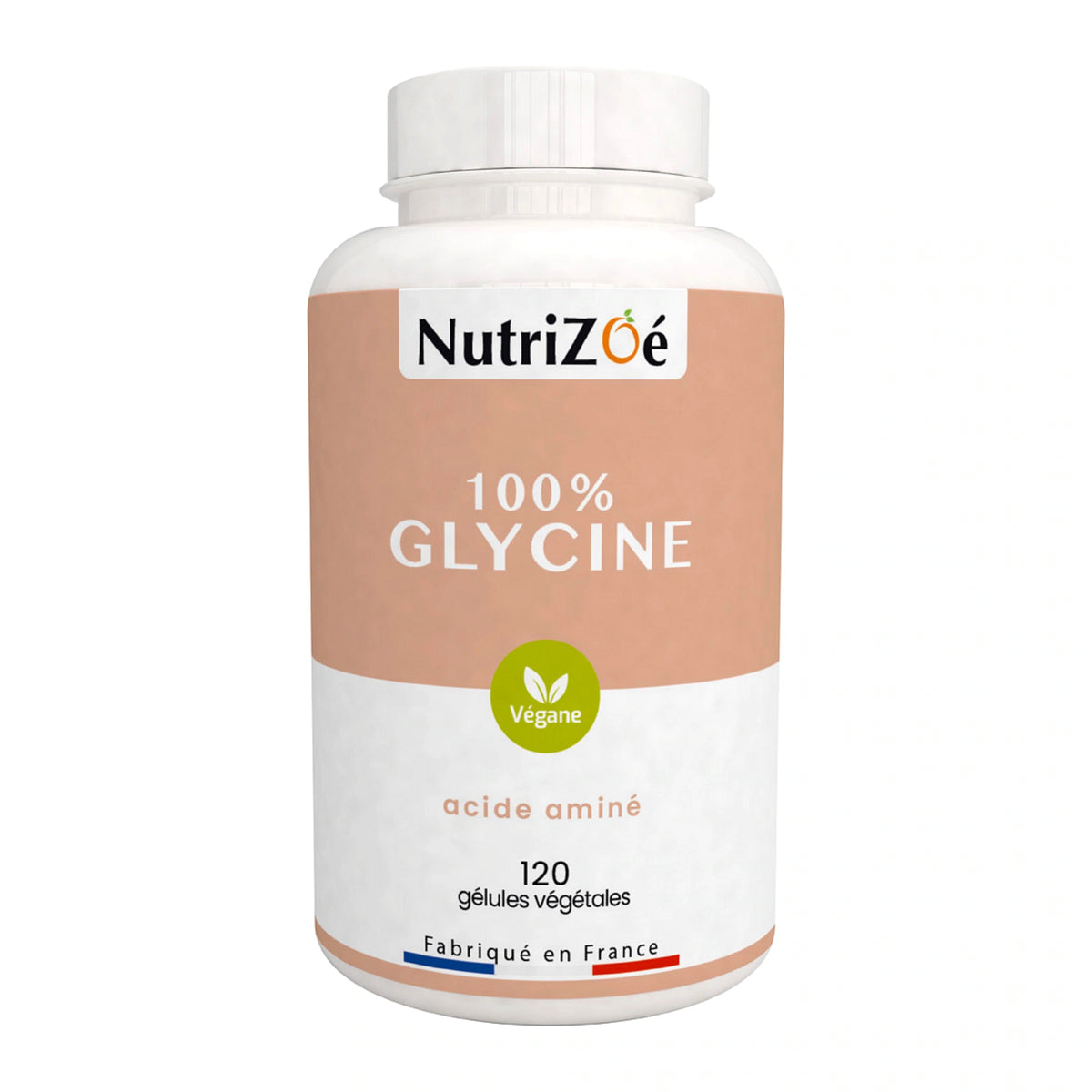 Glycine en gélules NutriZoé, pilulier de 120 gélules sur fond blanc.