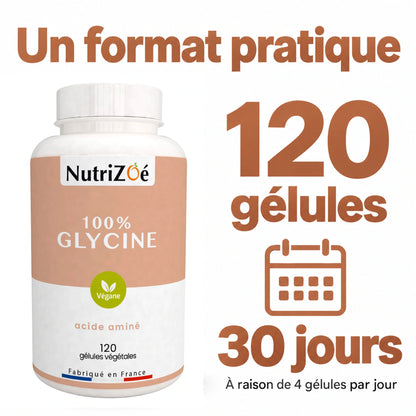 Glycine en gélules NutriZoé. Format de 120 gélules, soit 30 jours à raison de 4 gélules par jour.
