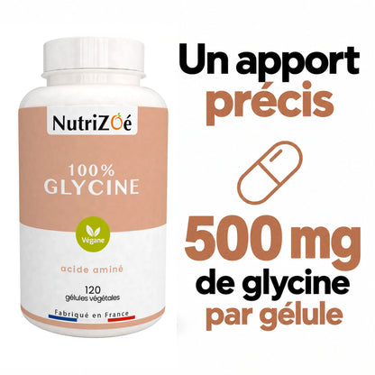 Glycine en gélules NutriZoé. Quantité apportée par la dose journalière.