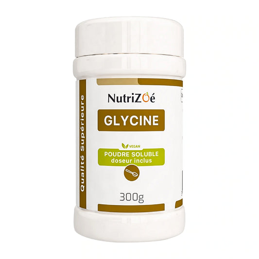 Glycine en poudre NutriZoé, pot de 300 g sur fond blanc.