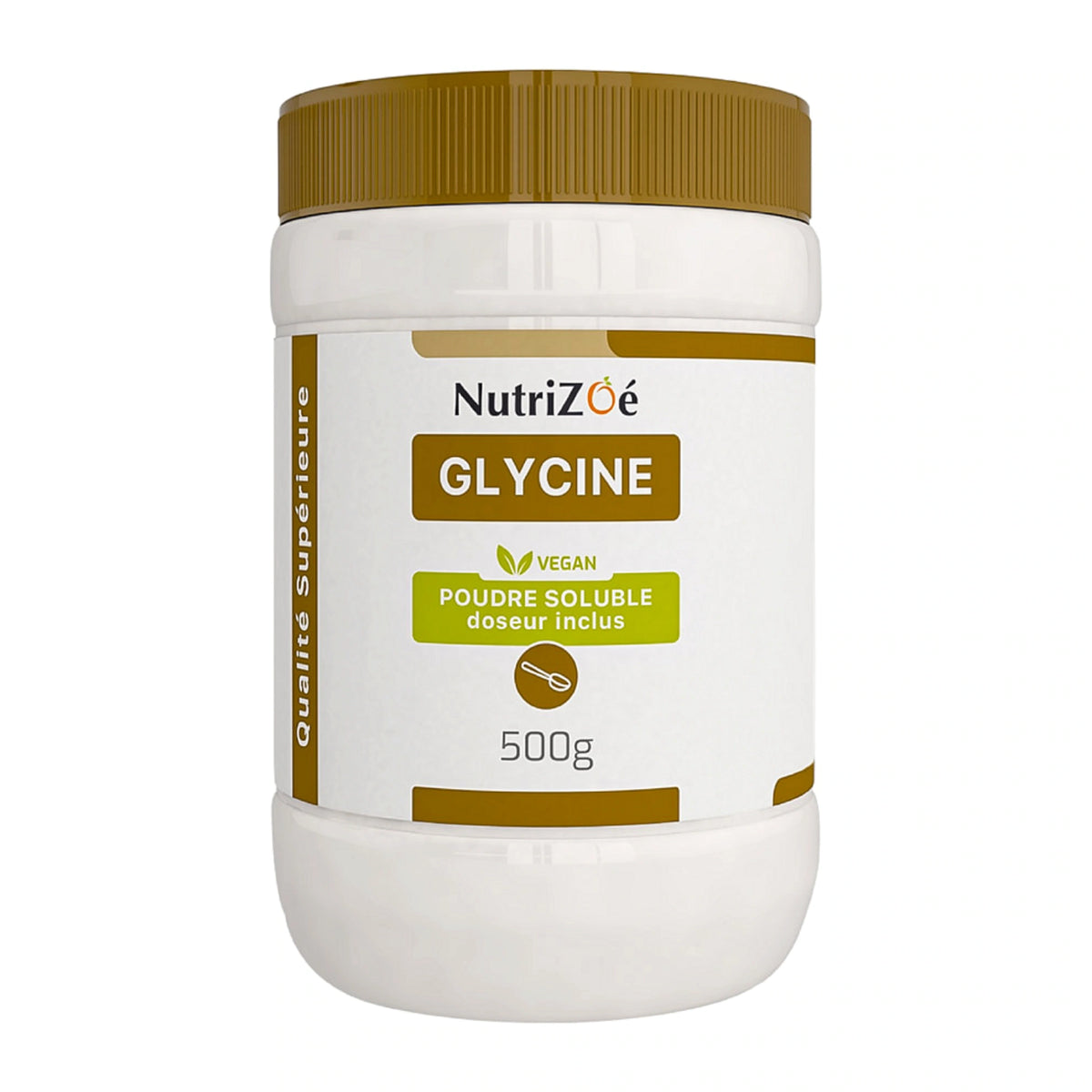 Glycine en poudre NutriZoé, pot de 500 g sur fond blanc.