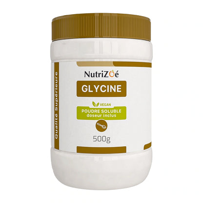 Glycine en poudre NutriZoé, pot de 500 g sur fond blanc.