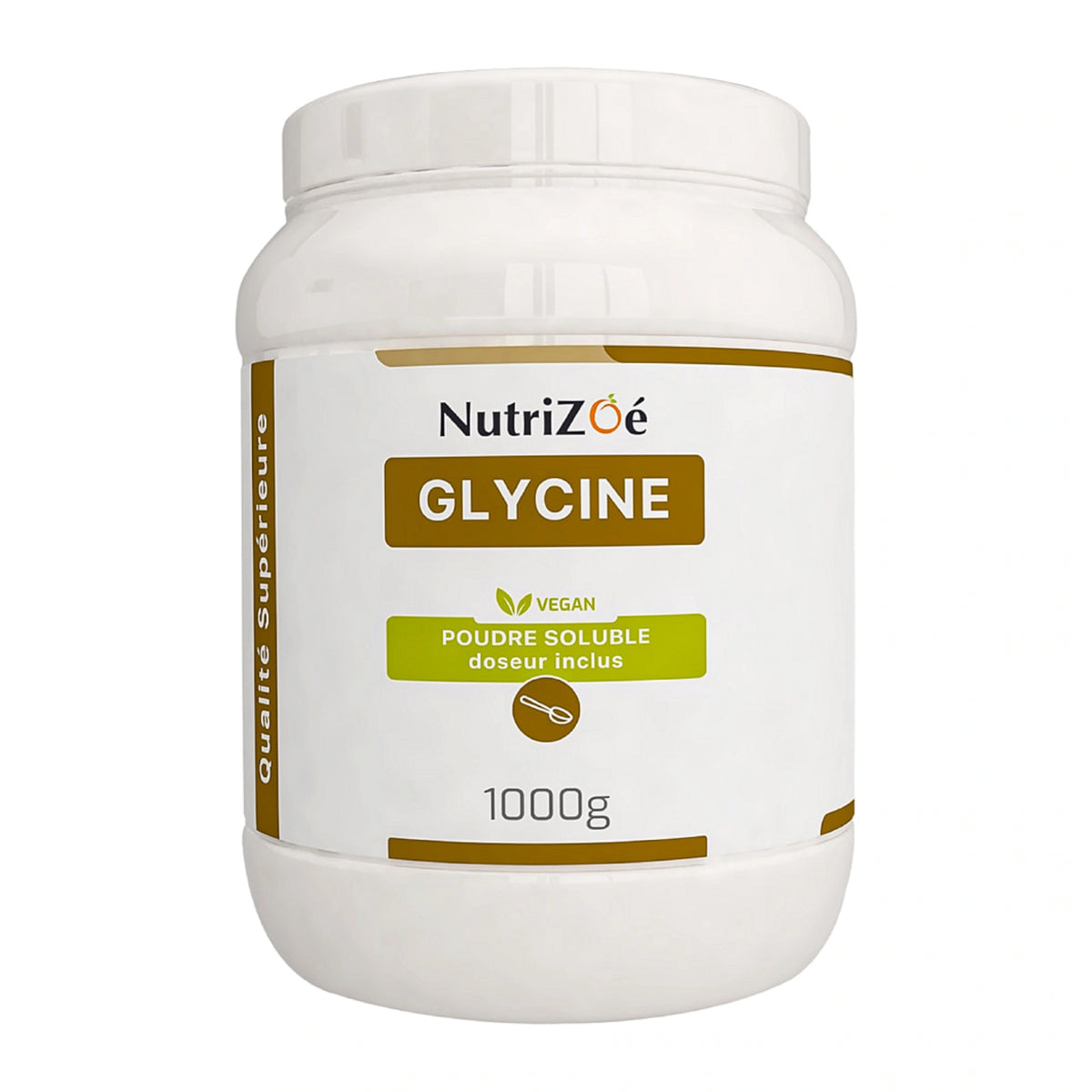 Glycine en poudre NutriZoé, pot de 1 kg sur fond blanc.