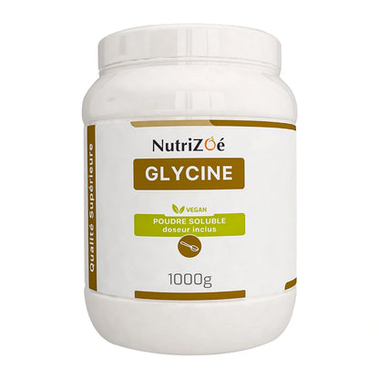 Glycine en poudre NutriZoé, pot de 1 kg sur fond blanc.
