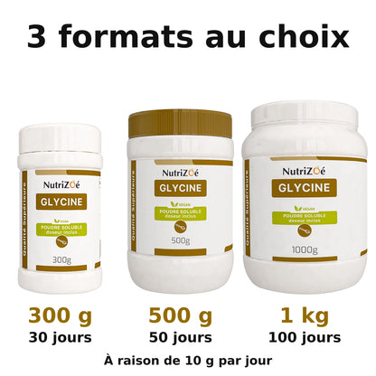 Glycine en poudre NutriZoé. Comparaison des formats disponibles.