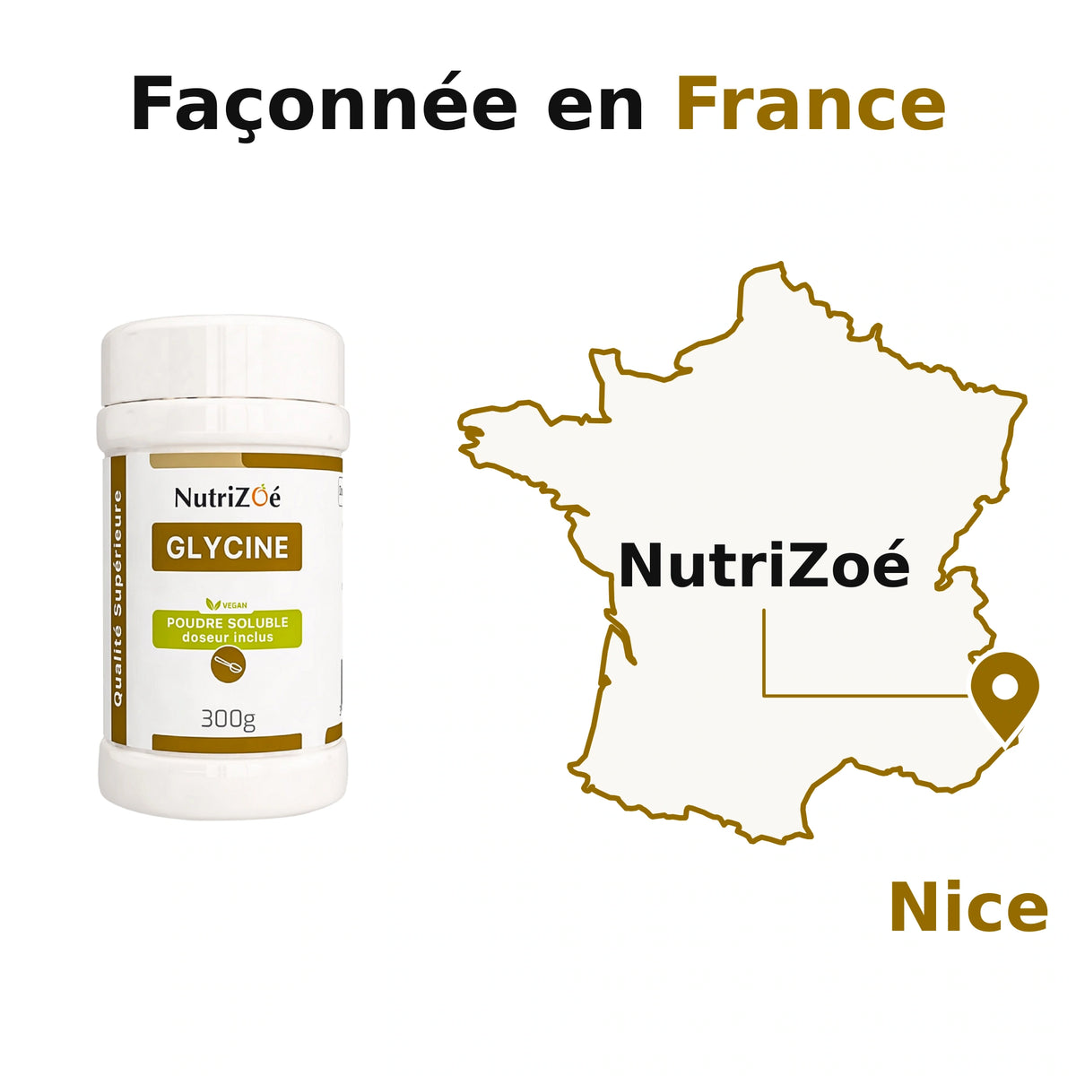 Glycine en poudre NutriZoé. NutriZoé à Nice, sur une carte de France continentale. Façonnée en France.