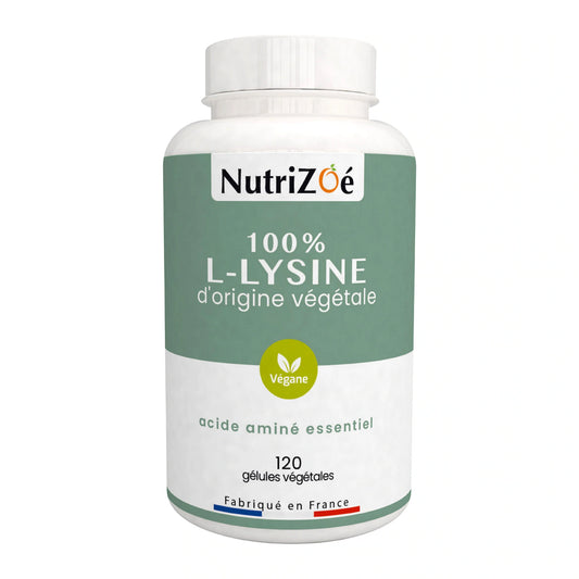 L-lysine en gélules NutriZoé, pot de 120 gélules sur fond blanc.