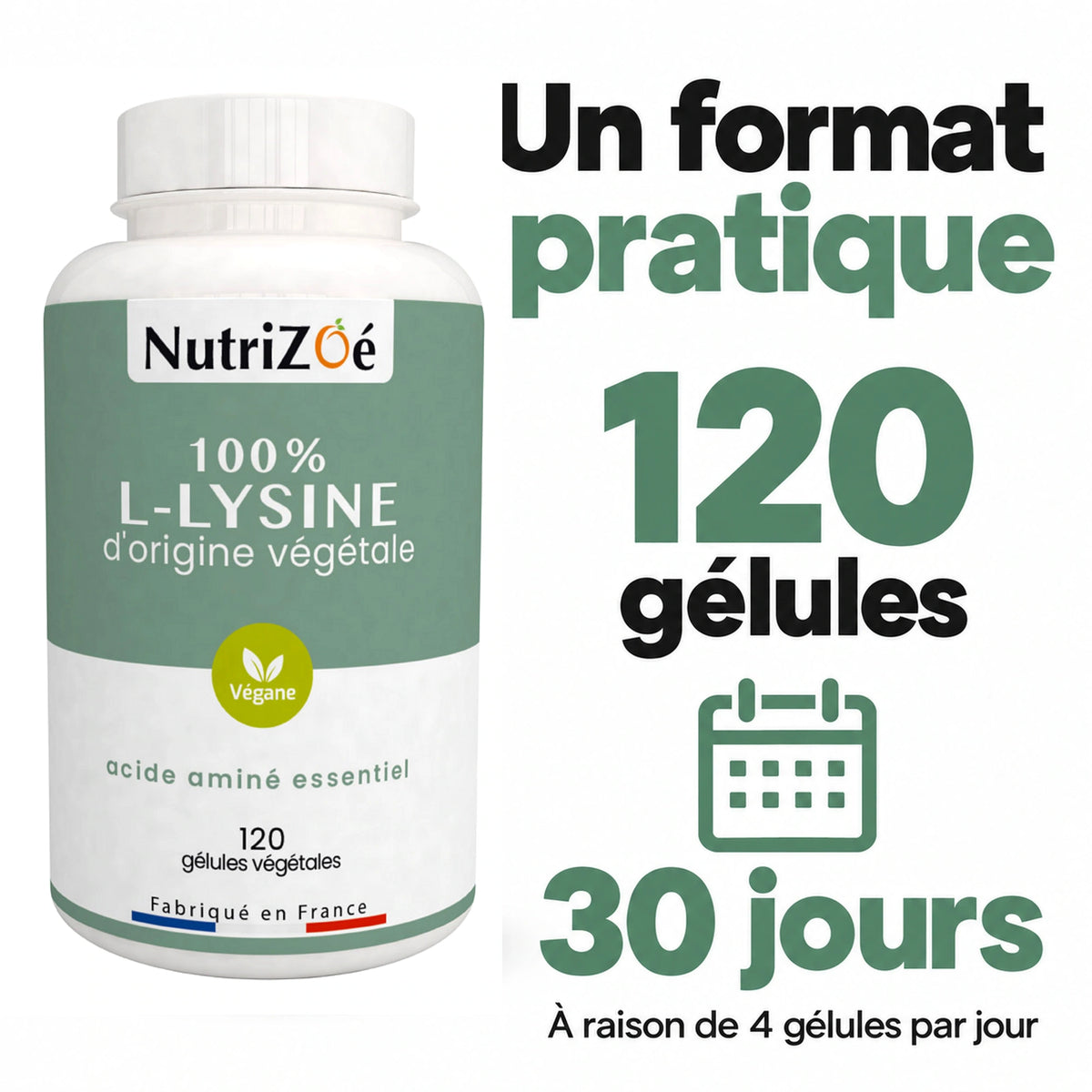 NutriZoé L-lysine capsules. 120-capsule format, i.e. 30 days at 4 capsules a day.