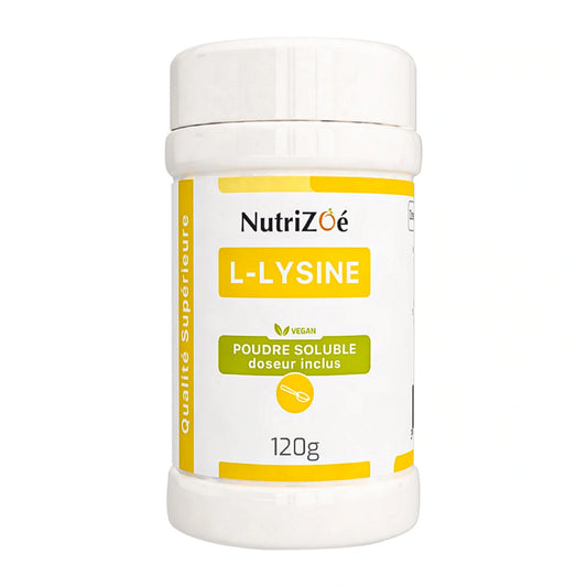 L-lysine en poudre NutriZoé, pot de 120 g sur fond blanc.