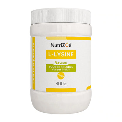 NutriZoé L-lysine powder, 300 g jar on a white background.