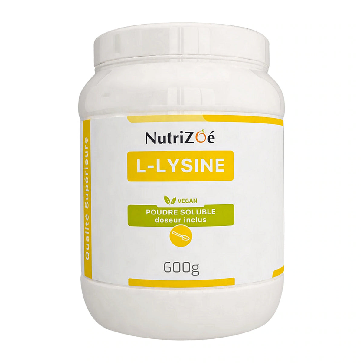 NutriZoé L-lysine powder, 600 g jar on a white background.