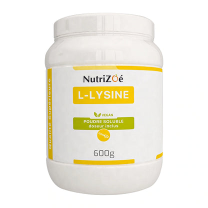 NutriZoé L-lysine powder, 600 g jar on a white background.